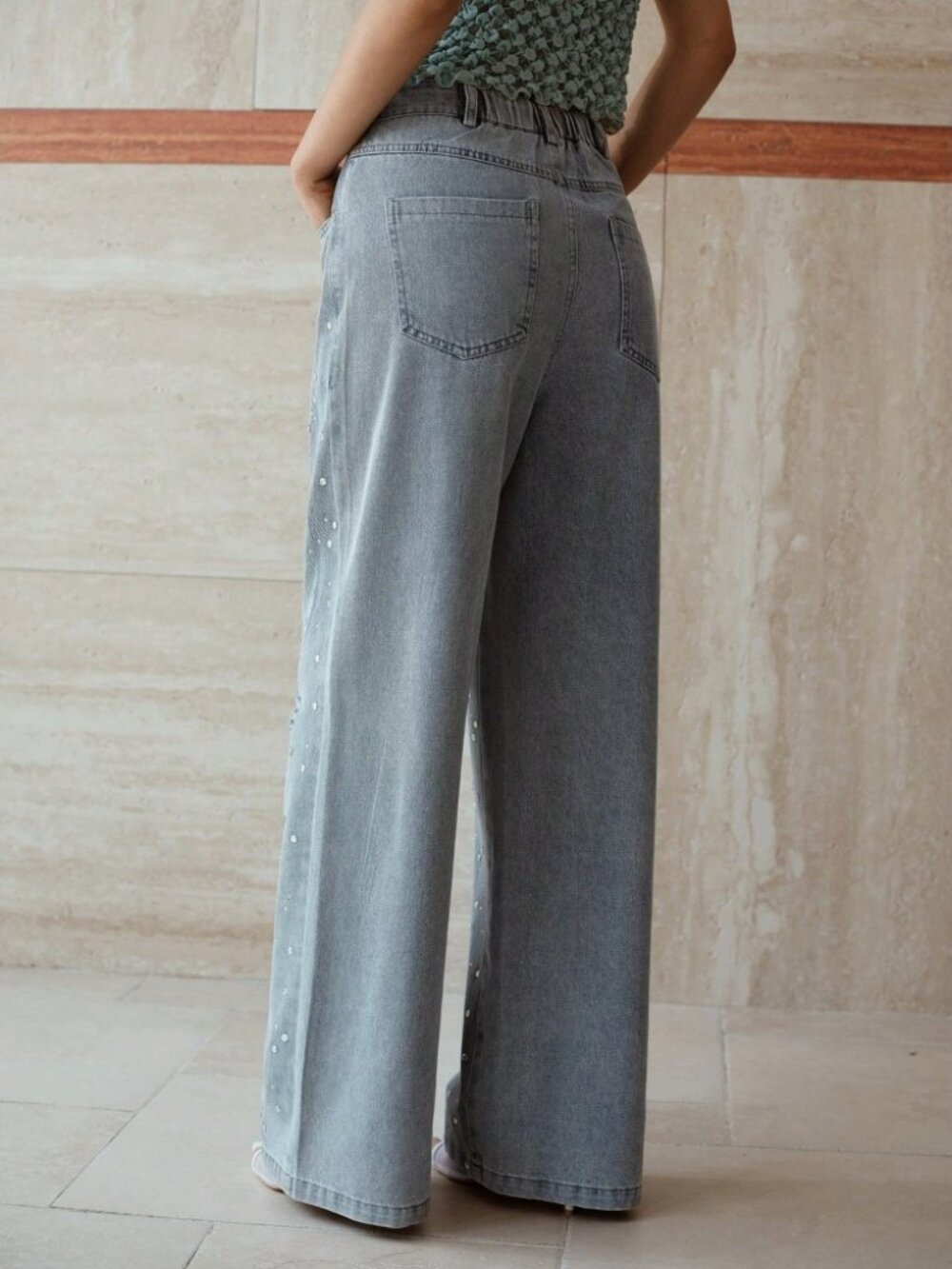 Silver Rhinestone Ripped Wide Leg Jeans - Picture 3 of 6